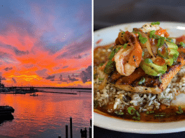 Port Aransas coastal view of ocean during sunset and plate of seafood