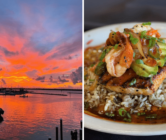 Port Aransas coastal view of ocean during sunset and plate of seafood