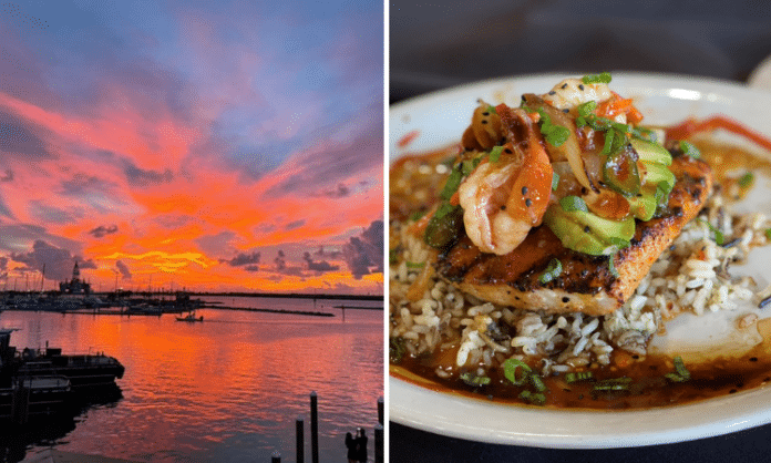 Port Aransas coastal view of ocean during sunset and plate of seafood
