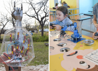 robotic hand and kids playing with robots