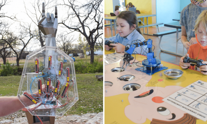 robotic hand and kids playing with robots