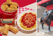 Filipino fast food Jollibee and a man riding on a horse in the drive-thru of Jollibee