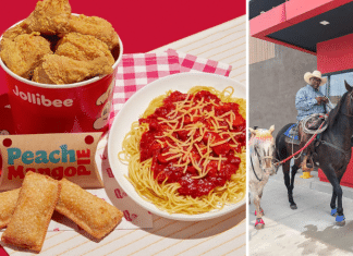 Filipino fast food Jollibee and a man riding on a horse in the drive-thru of Jollibee