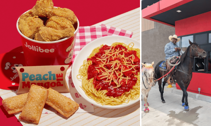 Filipino fast food Jollibee and a man riding on a horse in the drive-thru of Jollibee
