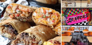 (left) giant stuffed burritos (right) colorful "Stuffed" sign in dining area