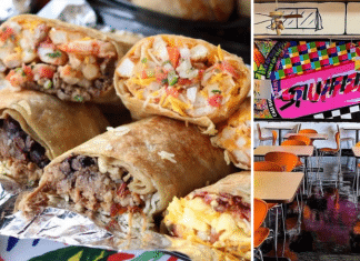 (left) giant stuffed burritos (right) colorful "Stuffed" sign in dining area