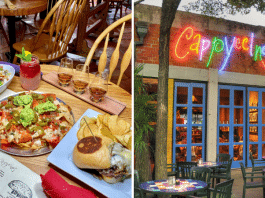 bar and bistro food on a table and bright colorful "Cappyccino's" outdoor sign