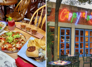 bar and bistro food on a table and bright colorful "Cappyccino's" outdoor sign