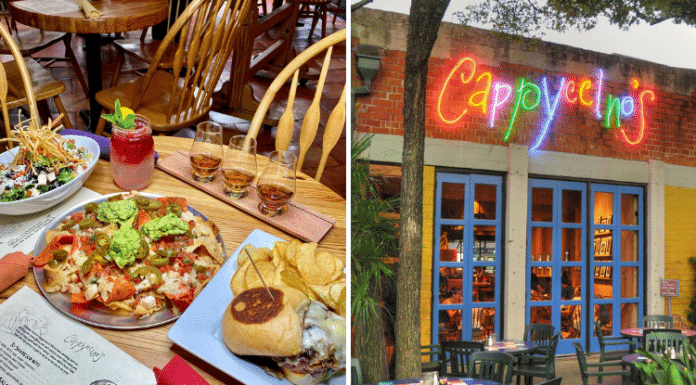 bar and bistro food on a table and bright colorful "Cappyccino's" outdoor sign