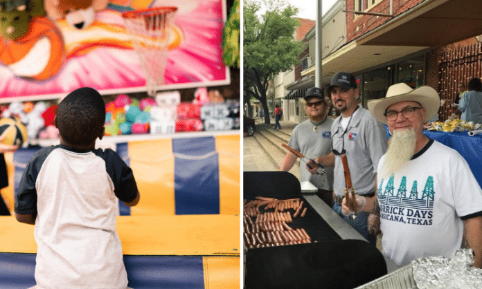 main street market corsicana kid playing hoops and 3 men grilling on the street