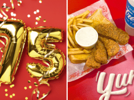 (left) golden 75 balloons (right) Dairy Queen chicken basket with fries and a blizzard