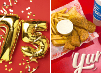 (left) golden 75 balloons (right) Dairy Queen chicken basket with fries and a blizzard