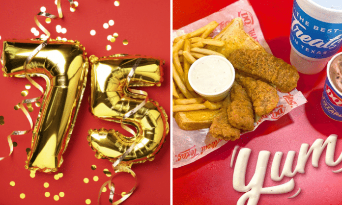 (left) golden 75 balloons (right) Dairy Queen chicken basket with fries and a blizzard