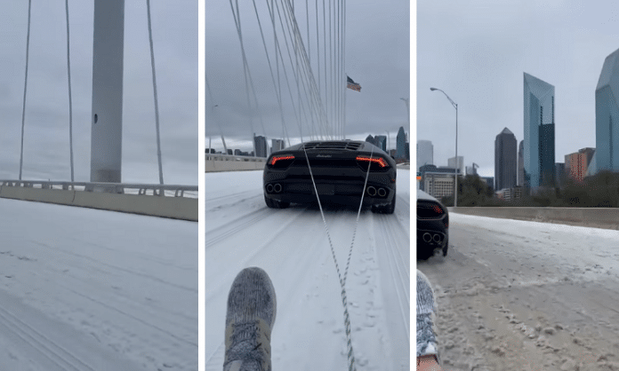 dallas lambo sledding in snowstorm 2022