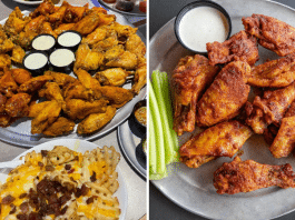 large plate of chicken wings with seasoning at Plucker's