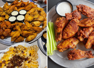 large plate of chicken wings with seasoning at Plucker's