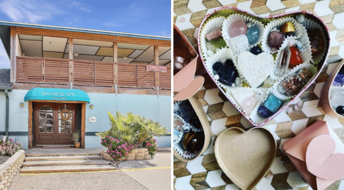 outside of spa in Port Aransas and box of heart crystals