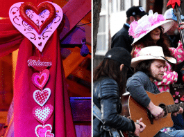 Valentine's Day decoration ribbon and band outside playing music