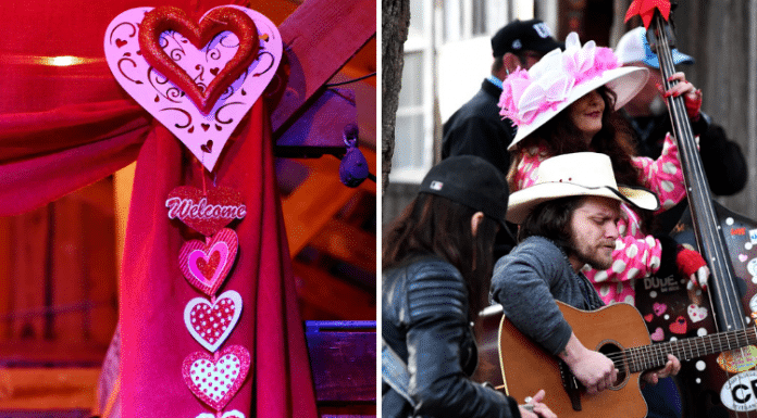 Valentine's Day decoration ribbon and band outside playing music