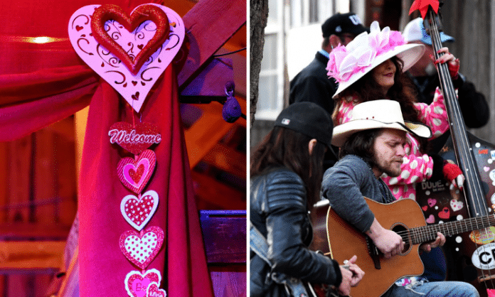 Valentine's Day decoration ribbon and band outside playing music