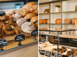 front shop of a cafe bakery with pastries for sale and a wall of baked bread from Village Baking Co in Dallas, TX