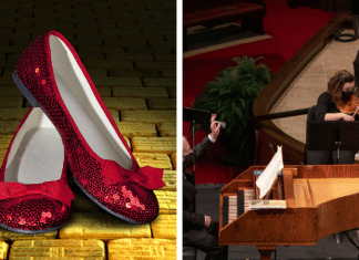 sparkly red shoes and Abilene Philharmonic on stage during concert