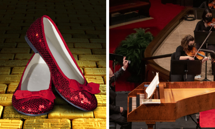 sparkly red shoes and Abilene Philharmonic on stage during concert