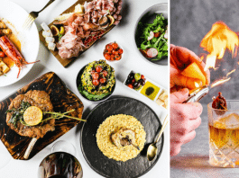 La Stella Cucina Verace italian food on a table and someone making a fig-infused bourbon with fire