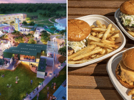 The Pitch outdoor venue in Austin and 3 trays of burgers and fries