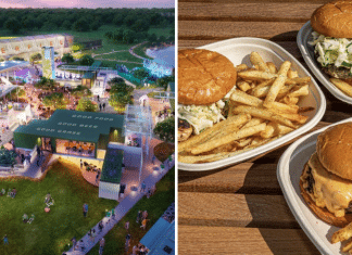 The Pitch outdoor venue in Austin and 3 trays of burgers and fries