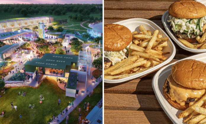 The Pitch outdoor venue in Austin and 3 trays of burgers and fries