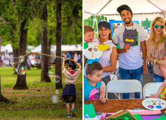 kid making bubbles and people around a crafts table smiling