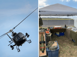 helicopter flying sideways and a booth of military antiques