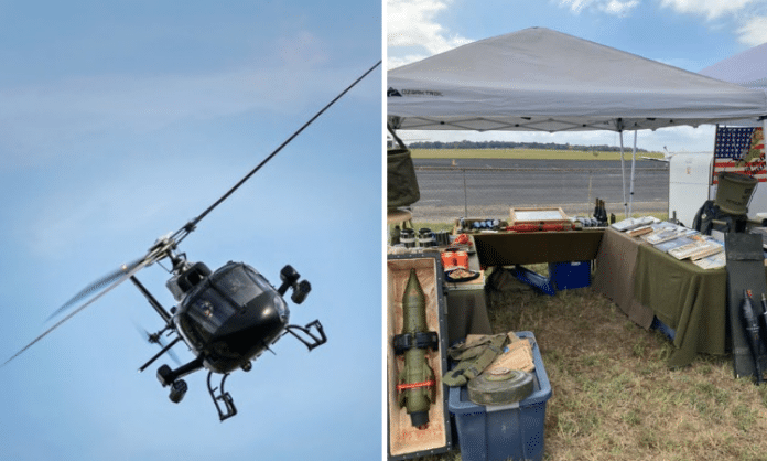 helicopter flying sideways and a booth of military antiques