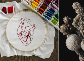 fiber art of a heart and white flowers