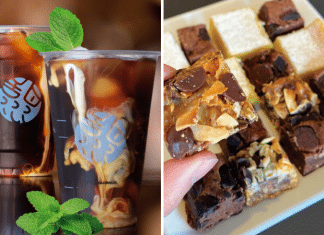 Sweetwater coffees next to a tray of desserts