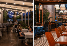 (left) people sitting and eating on an outdoor patio with string lights (right) empty Houston patio with upscale feel