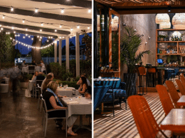 (left) people sitting and eating on an outdoor patio with string lights (right) empty Houston patio with upscale feel