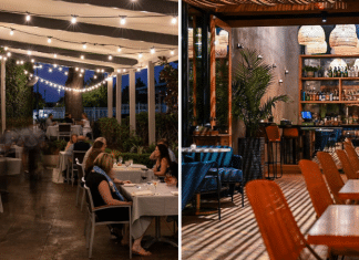 (left) people sitting and eating on an outdoor patio with string lights (right) empty Houston patio with upscale feel