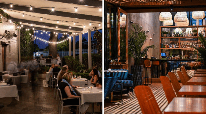 (left) people sitting and eating on an outdoor patio with string lights (right) empty Houston patio with upscale feel