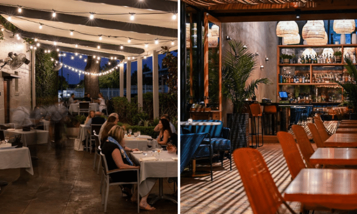 (left) people sitting and eating on an outdoor patio with string lights (right) empty Houston patio with upscale feel