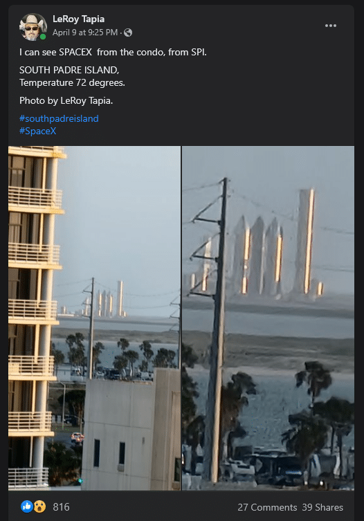 leroy tapia fans of texasstormchasers.com post about seeing spacex from condo