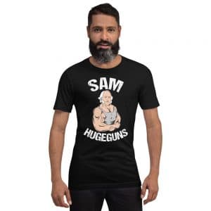 sam hugeguns texas shirt design on bearded man
