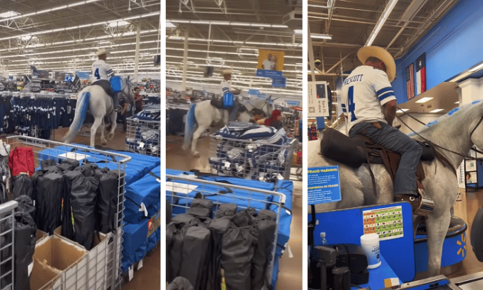 dallas cowboys fan rides horse around walmart in arlington texas