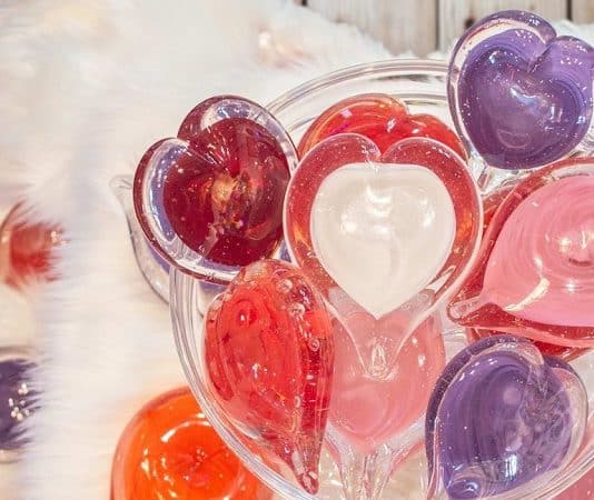 custom glass hearts at wimberly glassworks