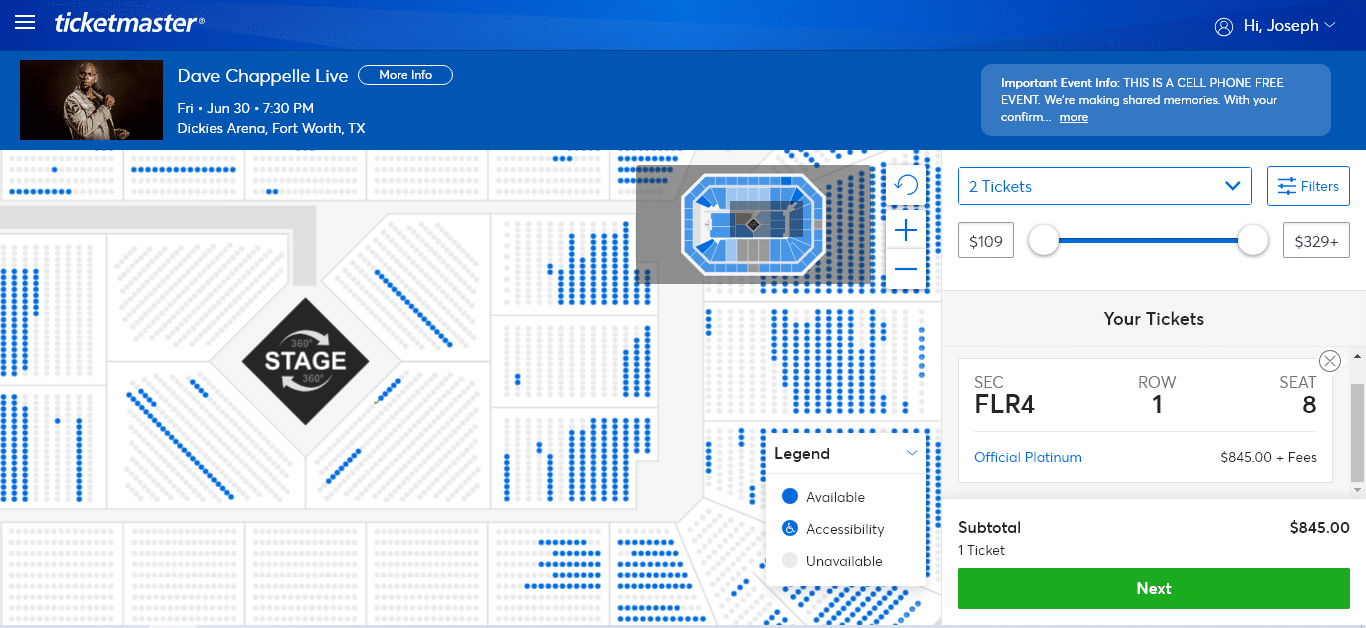 ticketmaster screenshot of dave chappelle tickets dickies arena 2023